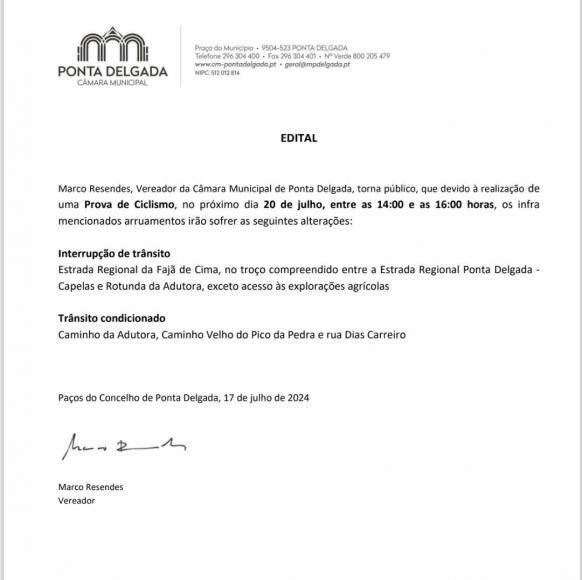 Edital - Prova de ciclismo - 20 de julho